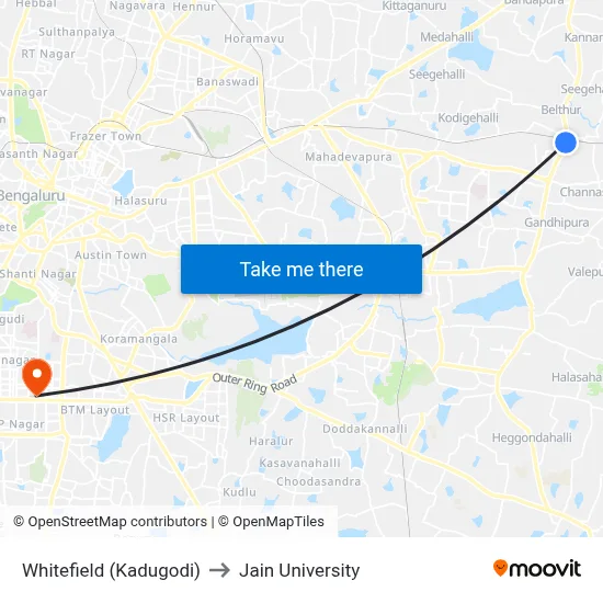 Whitefield (Kadugodi) to Jain University map