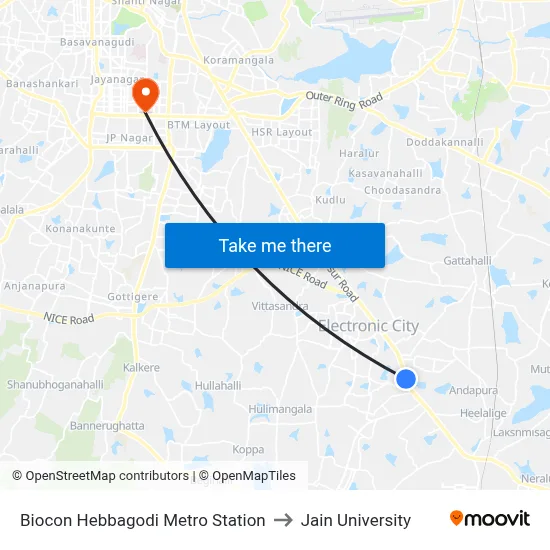 Biocon Hebbagodi Metro Station to Jain University map