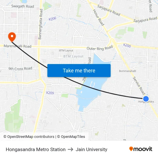Hongasandra Metro Station to Jain University map
