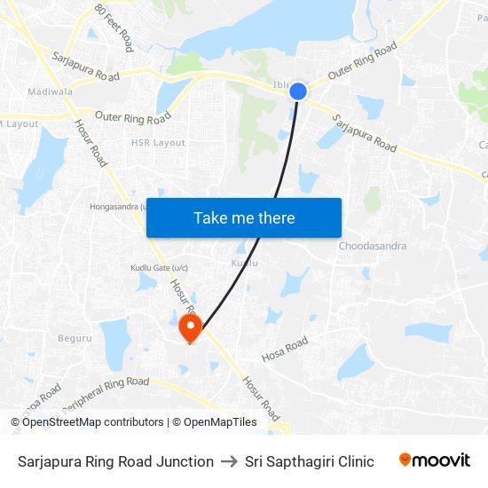 Sarjapura Ring Road Junction to Sri Sapthagiri Clinic map
