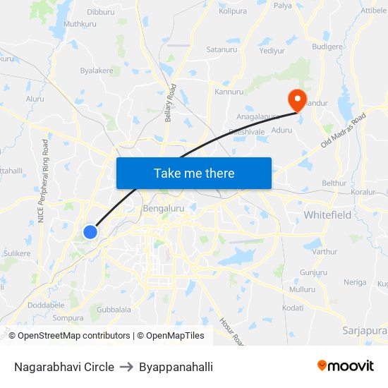 Nagarabhavi Circle to Byappanahalli map