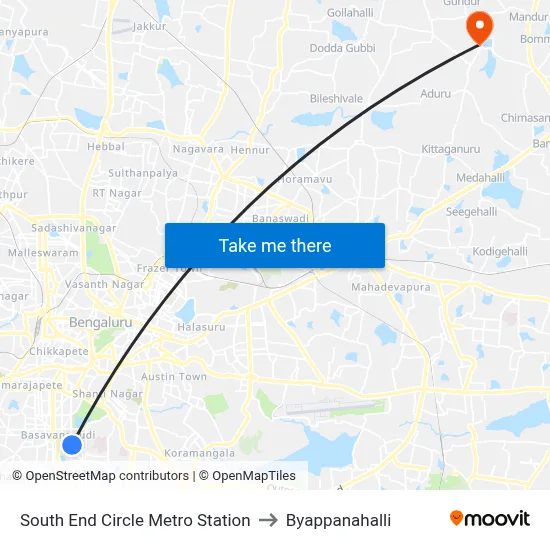 South End Circle Metro Station to Byappanahalli map