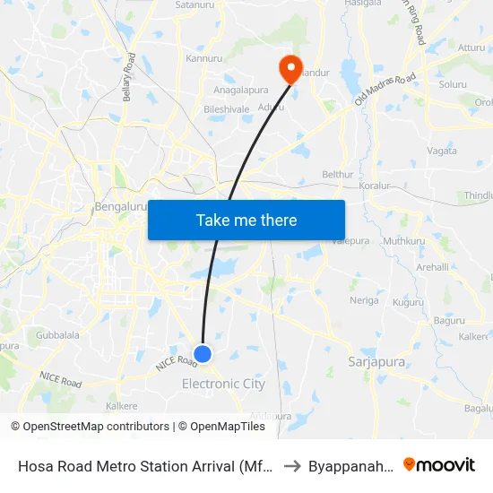 Hosa Road Metro Station Arrival (Mf-22e) to Byappanahalli map