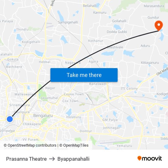 Prasanna Theatre to Byappanahalli map