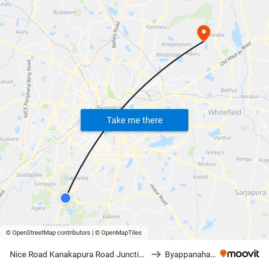 Nice Road Kanakapura Road Junction to Byappanahalli map