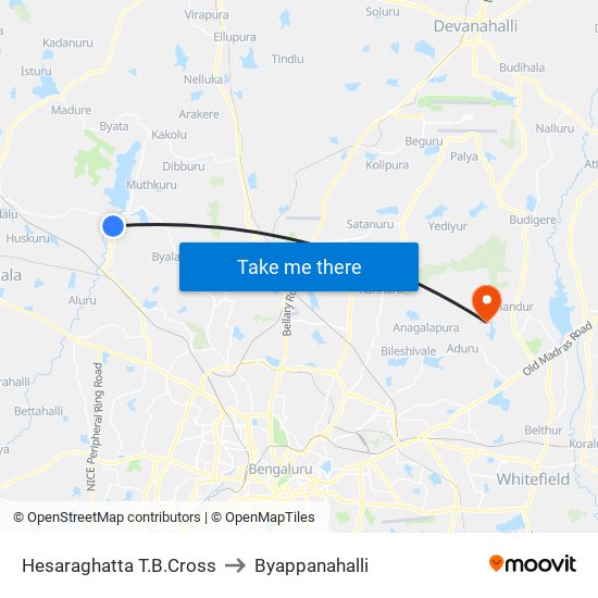 Hesaraghatta T.B.Cross to Byappanahalli map