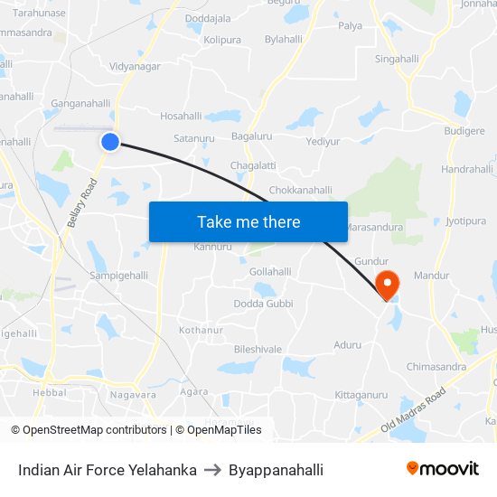 Indian Air Force Yelahanka to Byappanahalli map