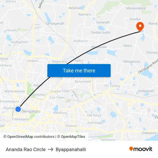 Ananda Rao Circle to Byappanahalli map