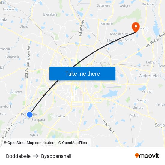 Doddabele to Byappanahalli map