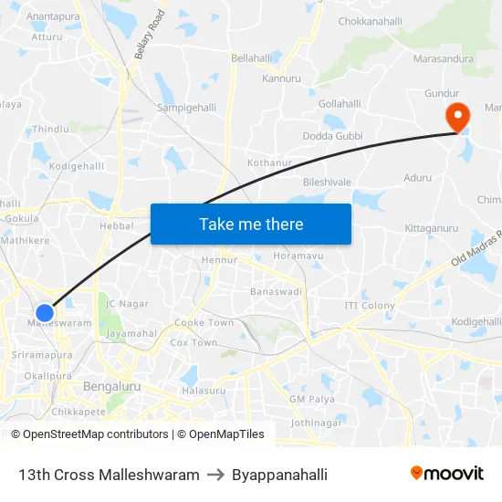 13th Cross Malleshwaram to Byappanahalli map
