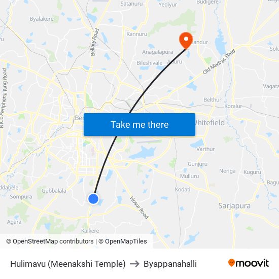 Hulimavu (Meenakshi Temple) to Byappanahalli map