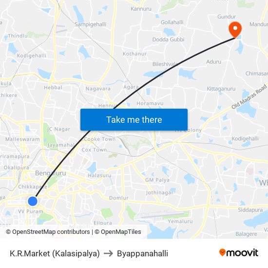 K.R.Market (Kalasipalya) to Byappanahalli map