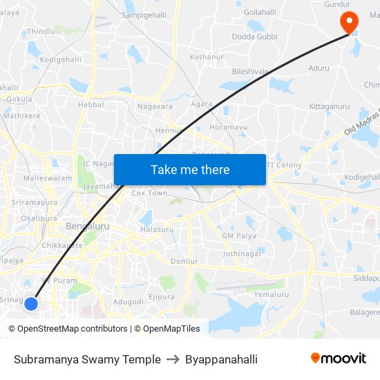 Subramanya Swamy Temple to Byappanahalli map