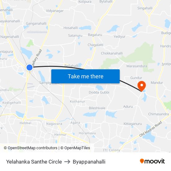 Yelahanka Santhe Circle to Byappanahalli map