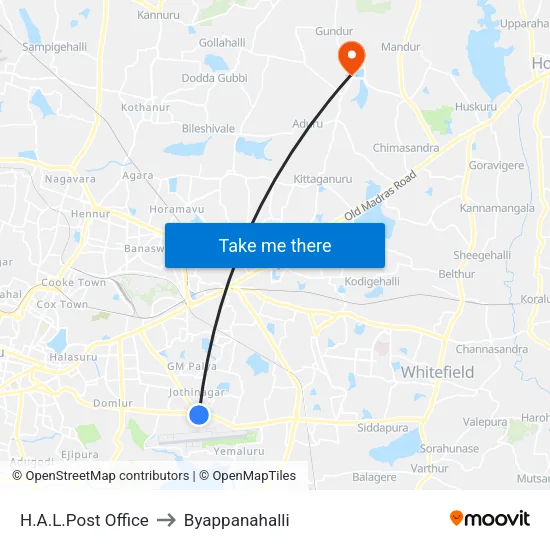 H.A.L.Post Office to Byappanahalli map