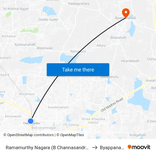 Ramamurthy Nagara (B Channasandra Bridge) to Byappanahalli map
