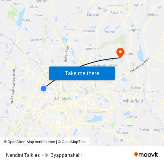 Nandini Talkies to Byappanahalli map