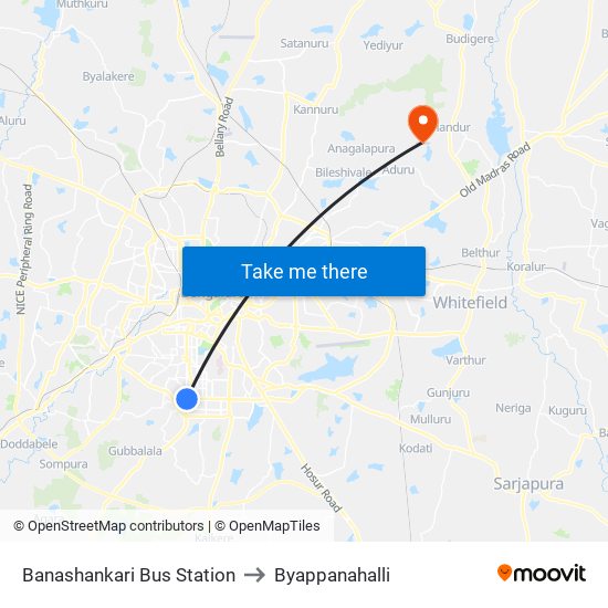 Banashankari Bus Station to Byappanahalli map