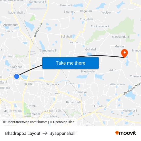Bhadrappa Layout to Byappanahalli map