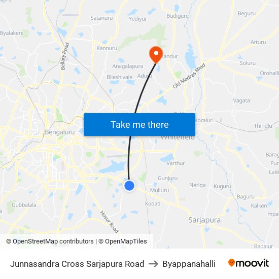 Junnasandra Cross Sarjapura Road to Byappanahalli map