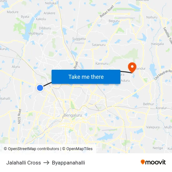 Jalahalli Cross to Byappanahalli map