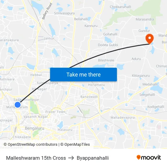 Malleshwaram 15th Cross to Byappanahalli map
