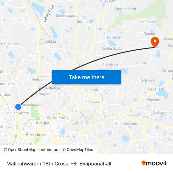 Malleshwaram 18th Cross to Byappanahalli map
