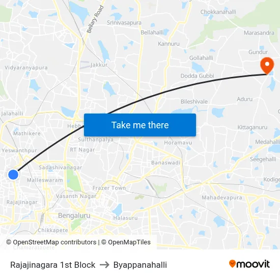 Rajajinagara 1st Block to Byappanahalli map