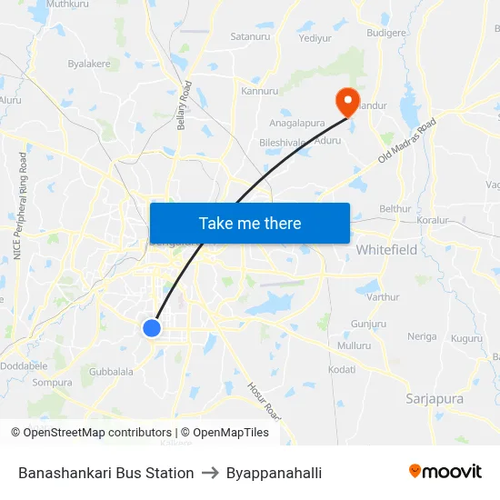 Banashankari Bus Station to Byappanahalli map