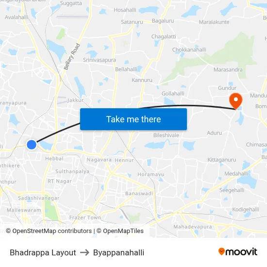 Bhadrappa Layout to Byappanahalli map