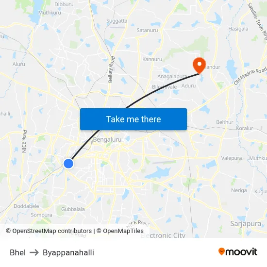 Bhel to Byappanahalli map