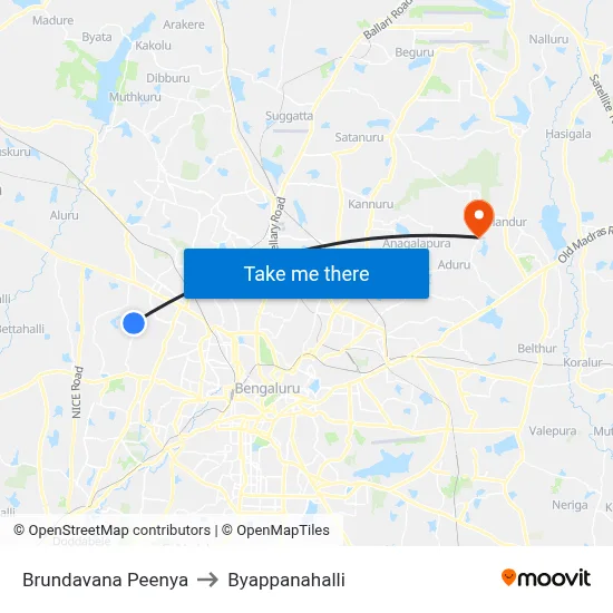 Brundavana Peenya to Byappanahalli map