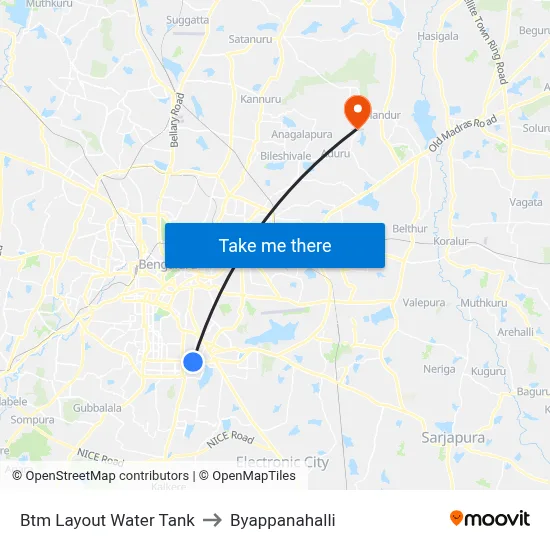 Btm Layout Water Tank to Byappanahalli map
