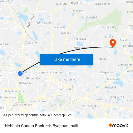 Hebbala Canara Bank to Byappanahalli map
