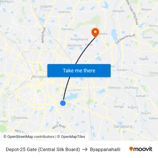 Depot-25 Gate (Central Silk Board) to Byappanahalli map