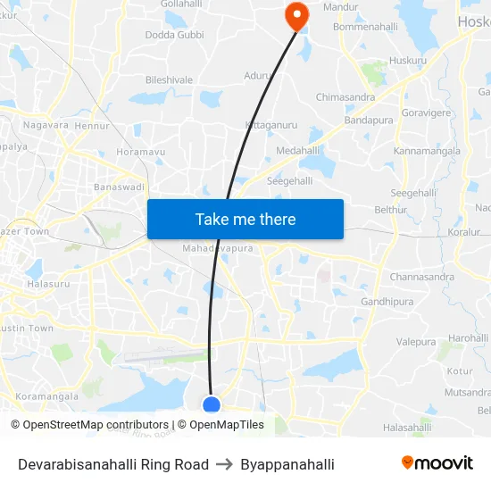 Devarabisanahalli Ring Road to Byappanahalli map