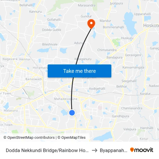 Dodda Nekkundi Bridge/Rainbow Hospital to Byappanahalli map