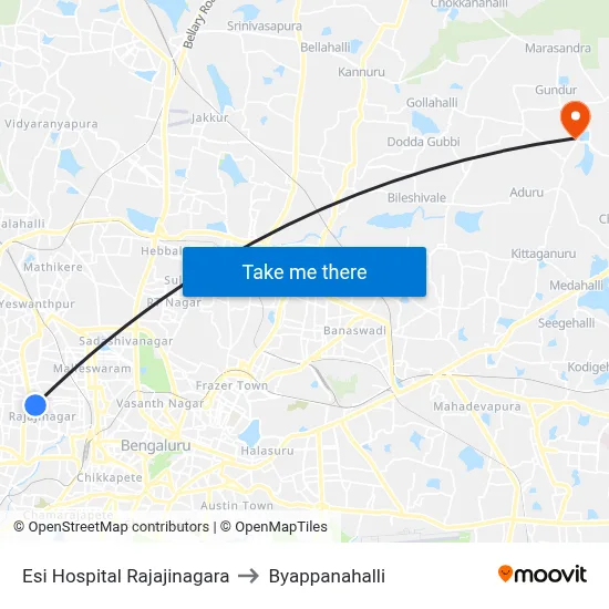 Esi Hospital Rajajinagara to Byappanahalli map