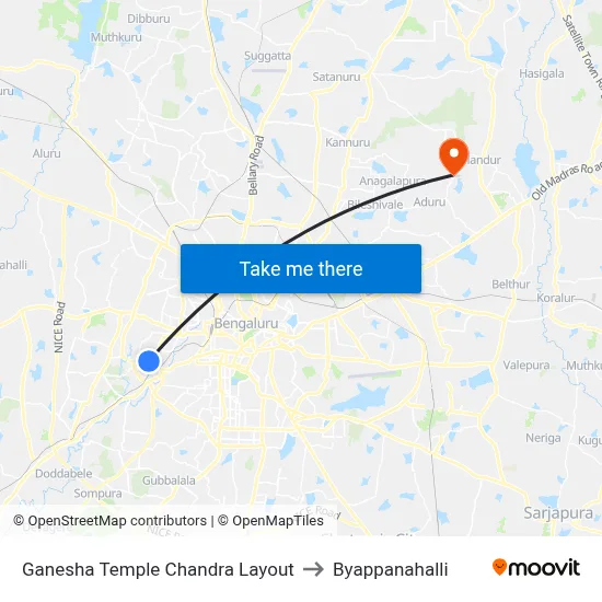 Ganesha Temple Chandra Layout to Byappanahalli map