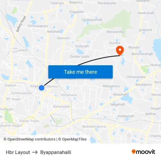 Hbr Layout to Byappanahalli map