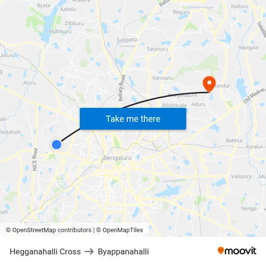 Hegganahalli Cross to Byappanahalli map