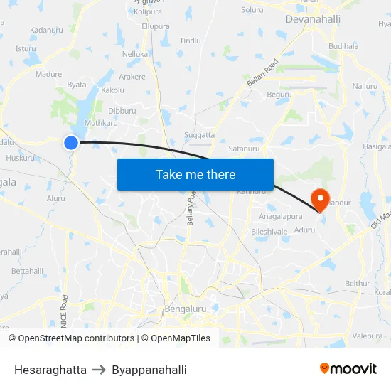 Hesaraghatta to Byappanahalli map