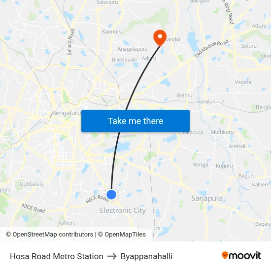 Hosa Road Metro Station to Byappanahalli map