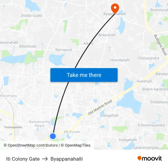 Iti Colony Gate to Byappanahalli map