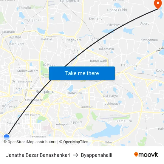 Janatha Bazar Banashankari to Byappanahalli map