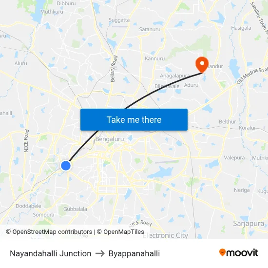 Nayandahalli Junction to Byappanahalli map