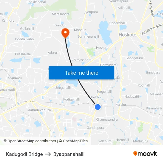 Kadugodi Bridge to Byappanahalli map