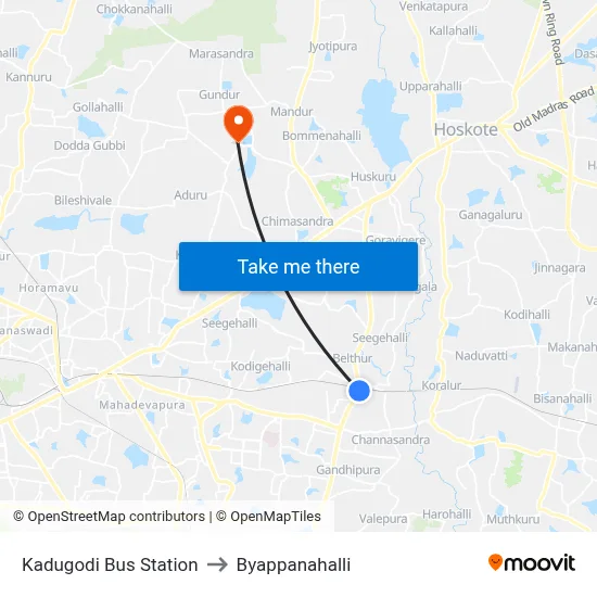 Kadugodi Bus Station to Byappanahalli map