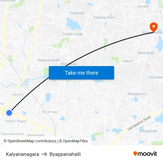 Kalyananagara to Byappanahalli map