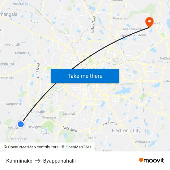 Kanminake to Byappanahalli map